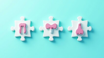 Pink gender symbols on white puzzle pieces, arranged on light blue background, concept for gender identity, equality, diversity, and inclusion, suitable for educational, social, or healthcare content