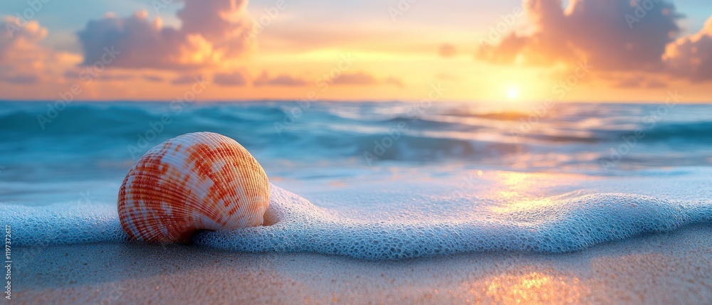 Poster a seashell resting on a sandy beach with gentle waves and a colorful sunset in the background.
