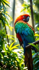 Obraz premium Colorful Parrot Perched on Branch: A Vibrant Tropical Bird