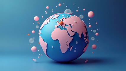 Blue and pink 3D globe with floating spheres rotating, digital technology concept for Earth Day, global network, environmental awareness, futuristic background with smooth gradient and soft lighting