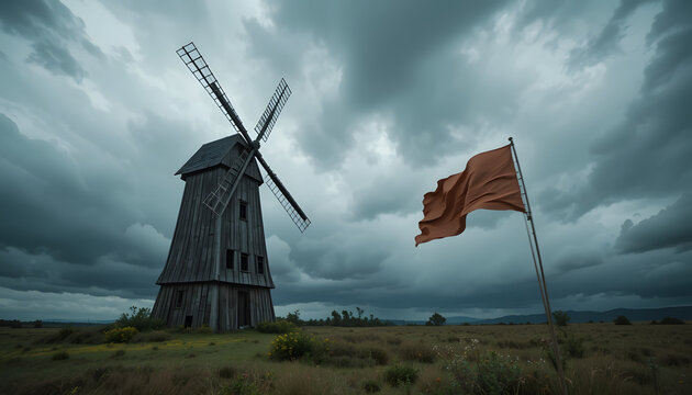 Windmill and flag under stormy skies