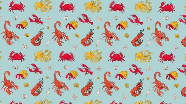 Cartoon sea animals. Loop Background. Sketch effect
