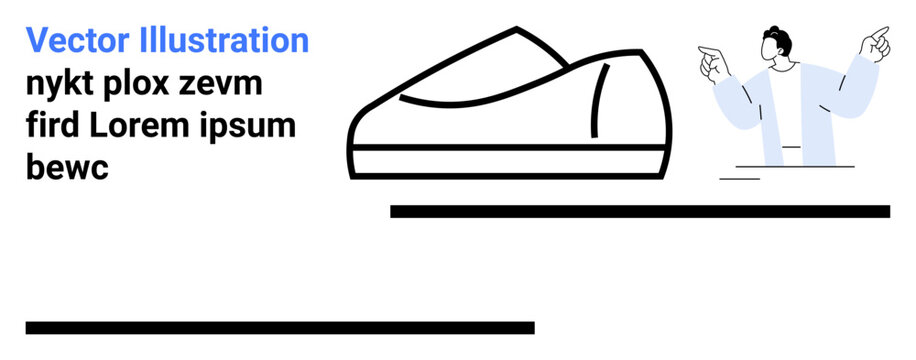 Shoe silhouette, text, person gesturing, lines. Ideal for fashion, design, marketing, communication, presentations, digital art, and branding concepts. Landing page