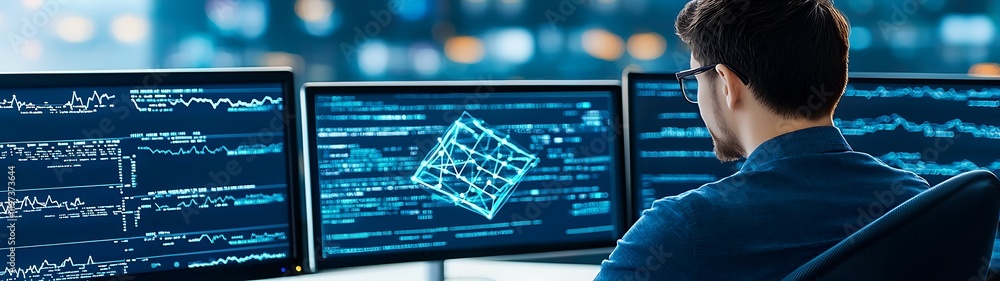 Poster high-tech data center server control, cyber security control room with glowing screens