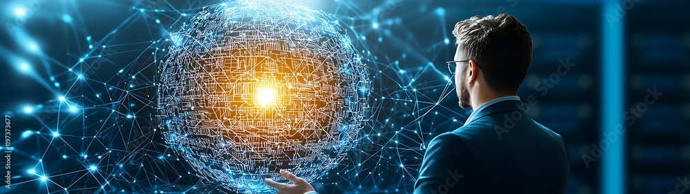 Poster high-tech data center server control, cyber security expert engaged in high-tech analysis