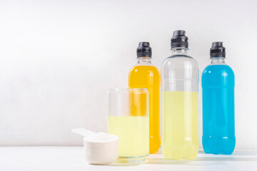 Protein water, trendy healthy drink for reach your protein goal, healthy hydration. Sweet low-calorie beverages in bottles for healthy fitness lifestyle