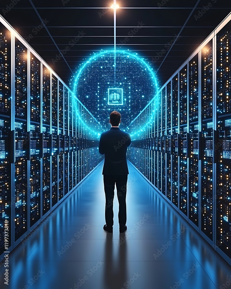 Poster high-tech data center server control, advanced cyber security facility with high-tech servers