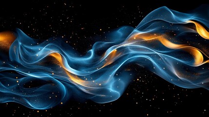 Obraz premium Abstract Blue and Gold Swirling Waves with Sparkling Dust Cosmic Nebula Background