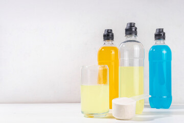 Protein water, trendy healthy drink for reach your protein goal, healthy hydration. Sweet low-calorie beverages in bottles for healthy fitness lifestyle