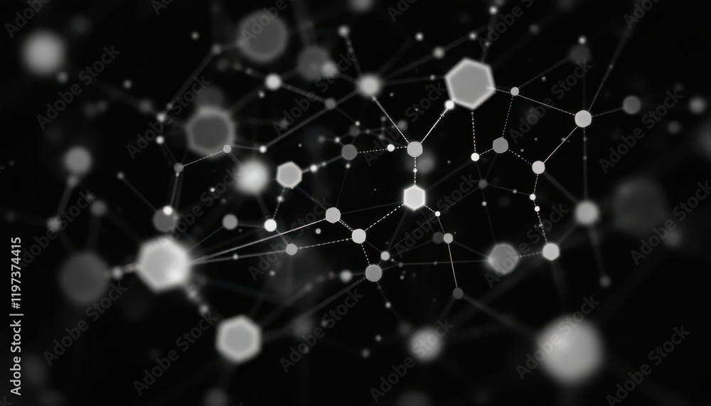 Poster abstract network of glowing hexagons and connected nodes on black background