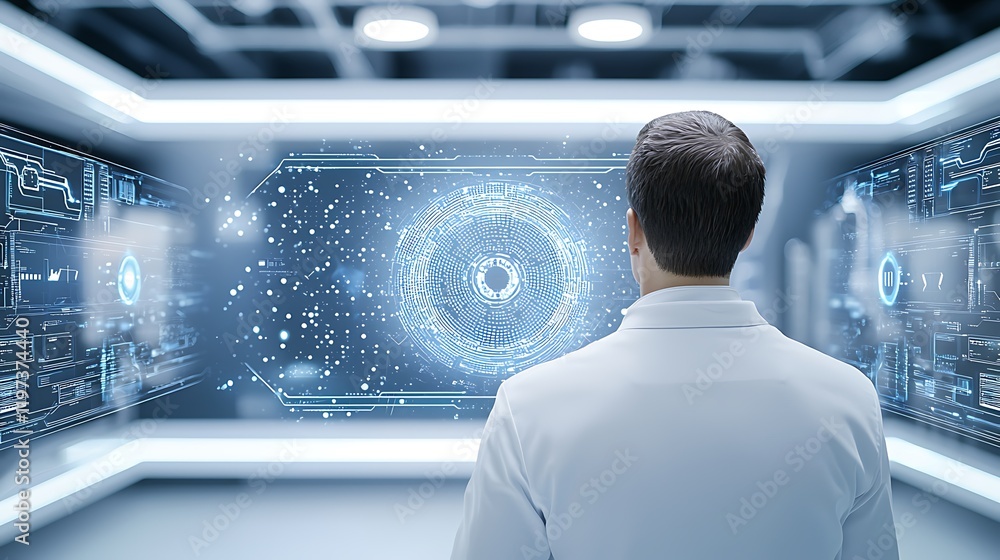 Poster high-tech data center server control, high-tech it facility with administrator overviewing