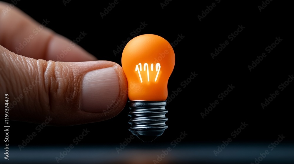 Poster illuminating ideas: a single orange lightbulb held by a hand against a dark background glows with an