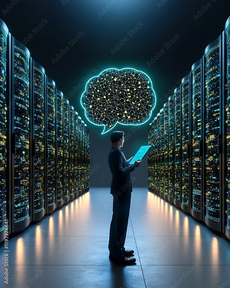 Poster high-tech data center server control, high-tech machine learning facility concept