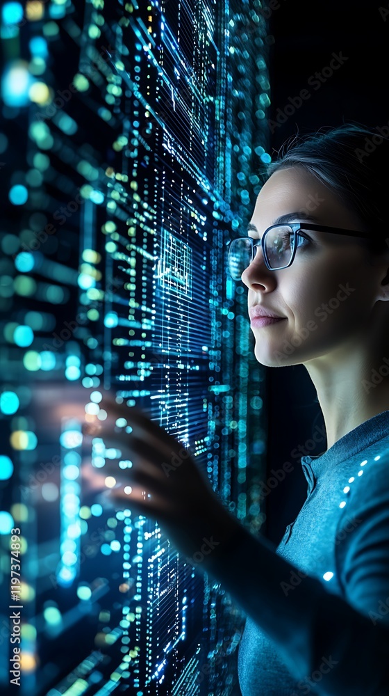 Poster high-tech data center server control, modern analytics facility with vibrant holograph display