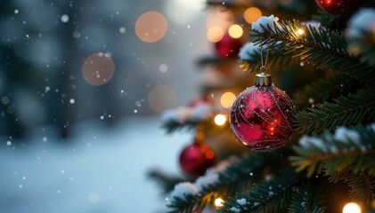 Snowy scene, decorated Christmas tree with bokeh lights and ornament , white, season