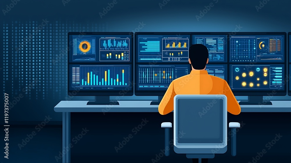 Poster high-tech data center server control, control room with advanced web services display