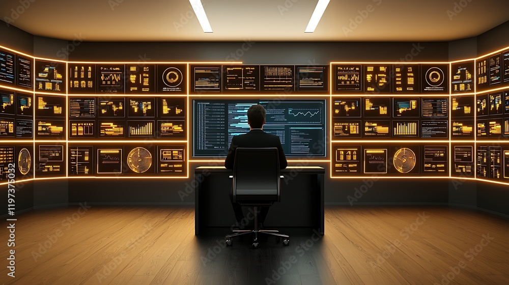 Poster high-tech data center server control, modern control room with web services interface