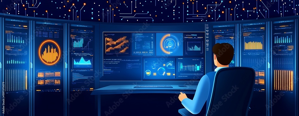 Poster high-tech data center server control, modern control room with advanced data visualization