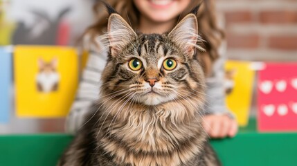 Happy cat at a pet adoption event concept. A cat sitting in front of a smiling child with colorful decorations in background