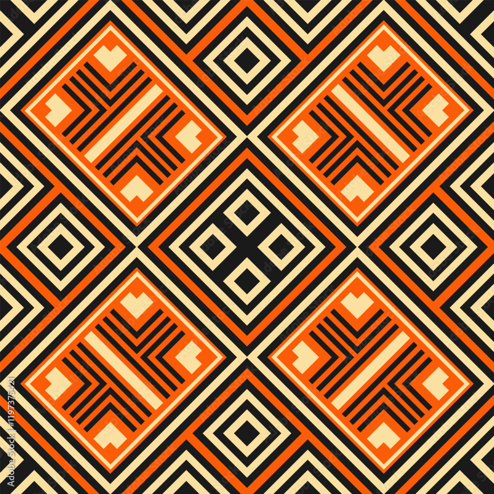 Poster seamless pattern with geometric black and orange composition with beige color added. version 2. vect