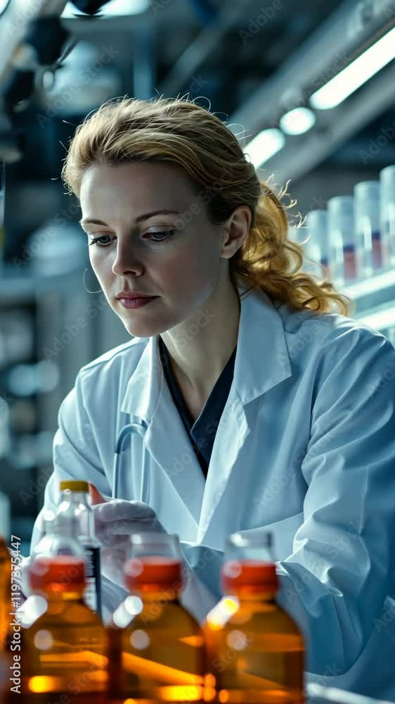 Poster scientist conducting research in a laboratory, focusing on sample analysis and observations during d