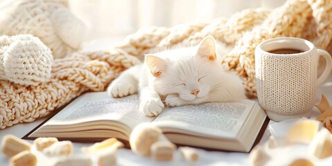 Cat with Books and coffee valentine concept. Cozy Cat Sleeping on Open Book With Coffee Mug