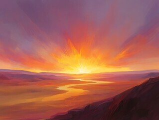 Vibrant Sunset Landscape Painting, Desert River at Golden Hour