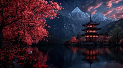 Vibrant Red Tree Standing Majestically Against a Stunning Mountain Backdrop Under Clear Blue Sky Evoking Feelings of Peace and Natural Beauty