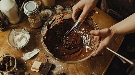 Fototapeta premium A bowl of freshly melted chocolate in hands with a whisk, surrounded by baking ingredients and tools