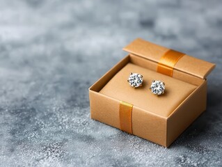 Luxurious diamond earrings in a festive gift box with gold ribbon, set on a snowdusted table