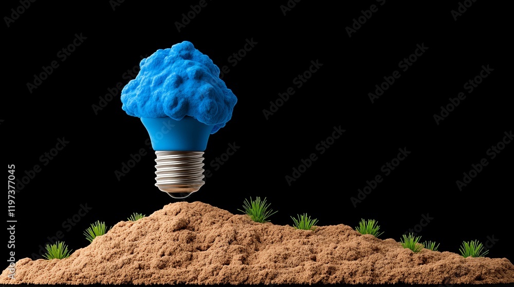 Poster blue idea bulb: a surreal image of a light bulb with a blue, cloud-like filament resting on a small 