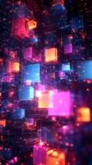 Fototapeta premium Vibrant 3D blocks illuminated with colorful lights create a mesmerizing visual effect in a digital environment