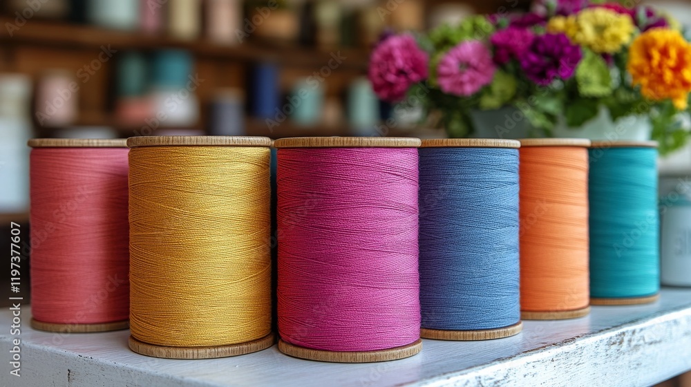 Poster colorful spools of thread arranged neatly on a table in a craft studio with flowers in the backgroun