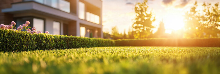 Fototapeta premium beautiful garden with lush green grass, blooming flowers, and sunset