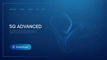 Abstract glowing blue lines with points representing 5G advanced technology. Big data blue technology background.
