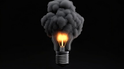 Smoking Light Bulb: A conceptual image of a lightbulb emitting dark smoke against a stark black background, symbolizing a failing idea or the negative consequences of a bad decision.