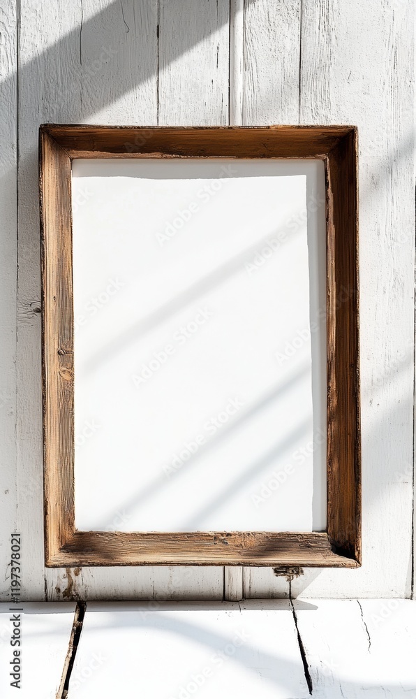 Poster Wooden frame on a bright wall with ample space for text and creative designs in a sunlit interior setting. Generative AI