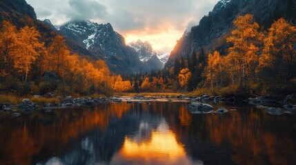 Obraz premium Serene River Flowing Gently Through Lush Green Valley with Majestic Mountains Towering in the Background under a Bright Blue Sky Filled with Clouds