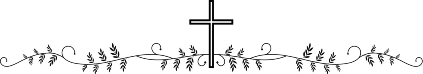 Christian cross silhouette and flower pattern, religious design frame