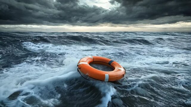 life buoy floating on stormy ocean waves. Marine safety and rescue concept.