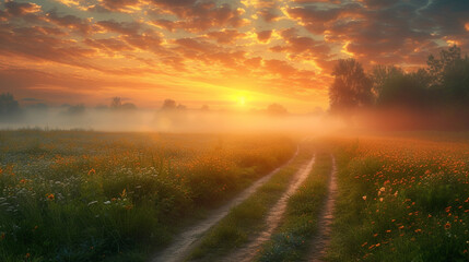 Obraz premium A serene countryside road at dawn, bathed in golden sunlight with rolling hills, mist, and blooming wildflowers under a glowing orange sky.