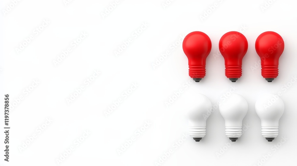 Poster red lightbulb ideas: a conceptual image of six light bulbs arranged in a neat row, with the top two 