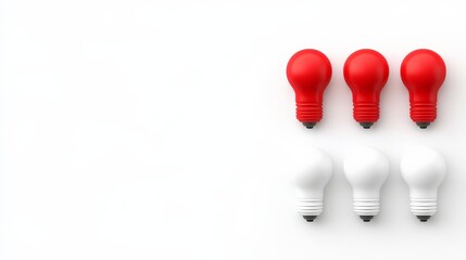 Red Lightbulb Ideas: A conceptual image of  six light bulbs arranged in a neat row, with the top two bulbs brightly lit in red and the bottom four bulbs in white.
