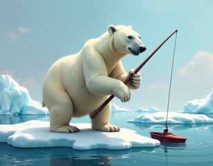 Polar Bear Fishing on Melting Ice Floe