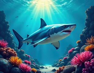 Obraz premium Great White Shark in Vibrant Coral Reef