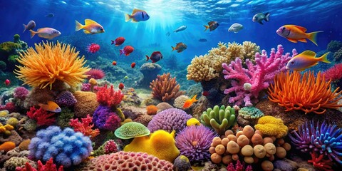 Obraz premium A vibrant coral reef teeming with life, featuring sea anemones, schools of fish, and colorful coral formations, marine life, coral formations
