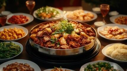 Fototapeta premium A Colorful Array of Delicious Dishes Arranged on an Elegant Table Ready for a Festive Gathering Celebrating Culinary Diversity and Flavorful Cuisine