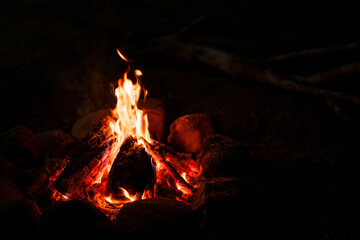 Burning firewood in the dark.