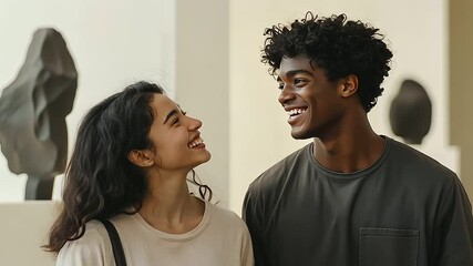 Couple Enjoying Conversation on Blind Date in Art Gallery