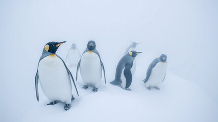 Fototapeta premium Emperor penguins standing in a blizzard during an Antarctic storm